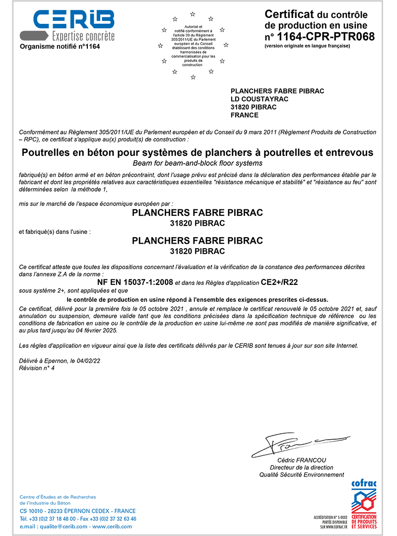 Certification planchers à poutrelles et entrevous Neo