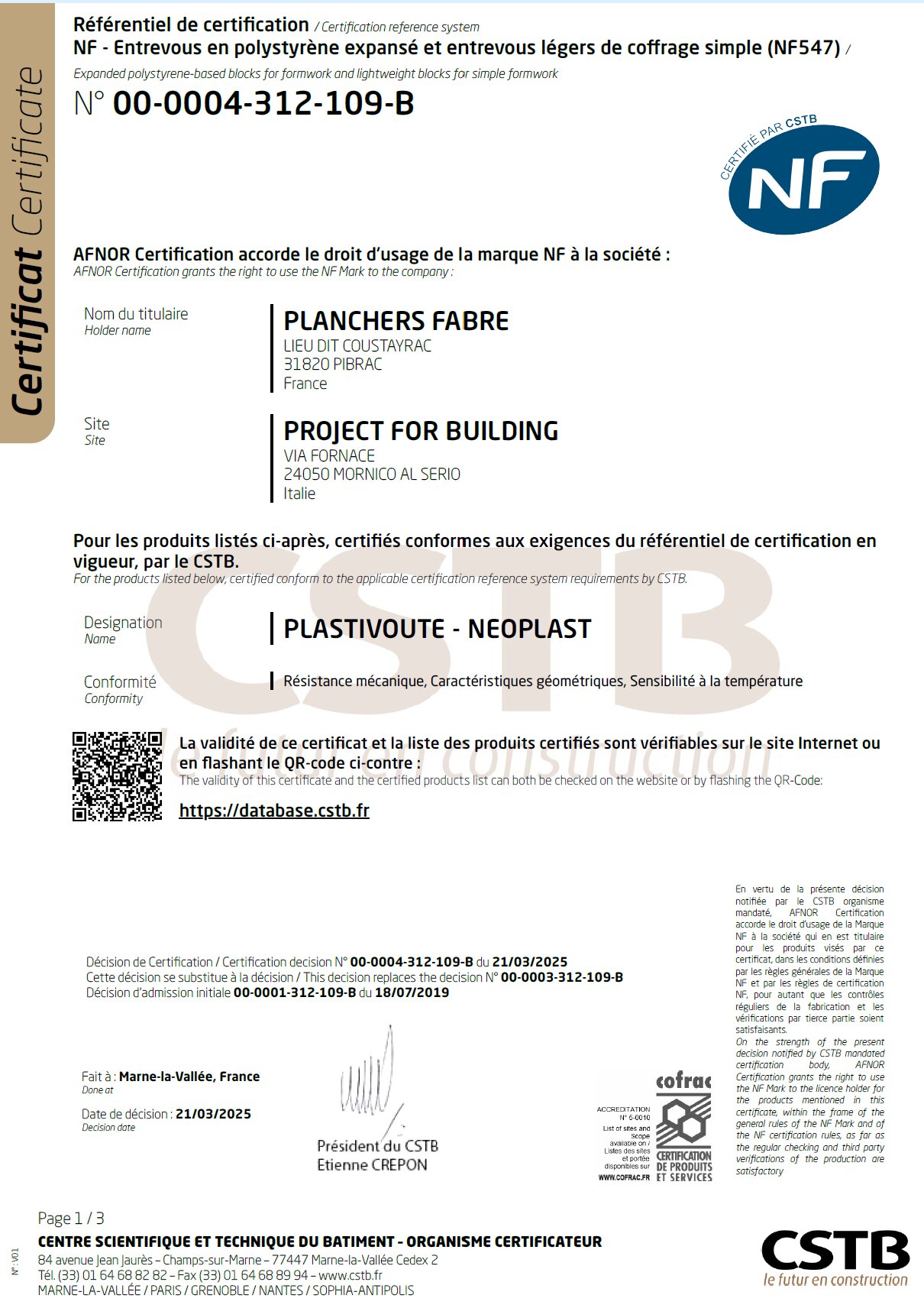 Certification NF Plastivoute Neoplast