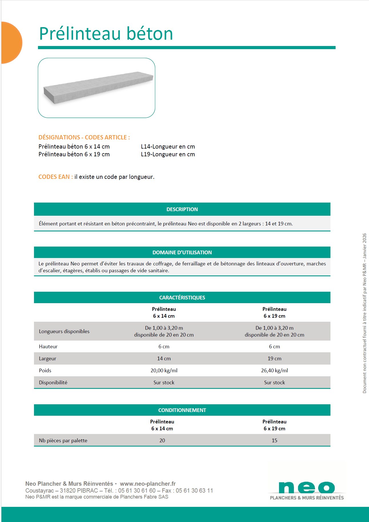 fiche technique prélinteau béton Neo