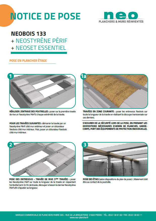Notice de pose de l'entrevous léger en bois Neobois en accompagnement avec les rupteurs de notre boîte Neoset Essentiel pour le traitement des ponts thermiques.