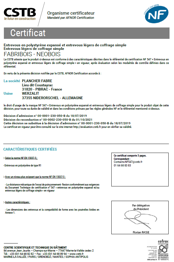 Certification NF entrevous Fabribois et Neobois