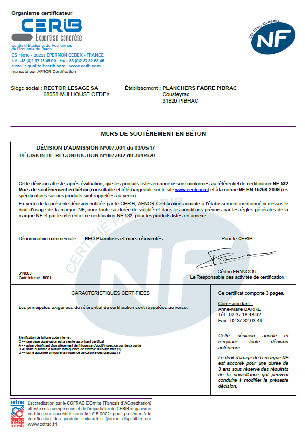 Certification NF murs de soutènement Neo