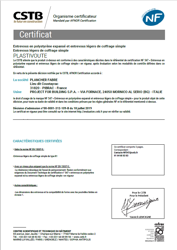 certification NF plastivoute CSTB