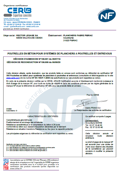 certification NF CERIB poutrelles Neo Pibrac