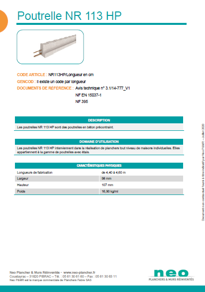 Visuel poutrelle NR113 HP