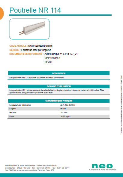 Visuel poutrelle NR 114