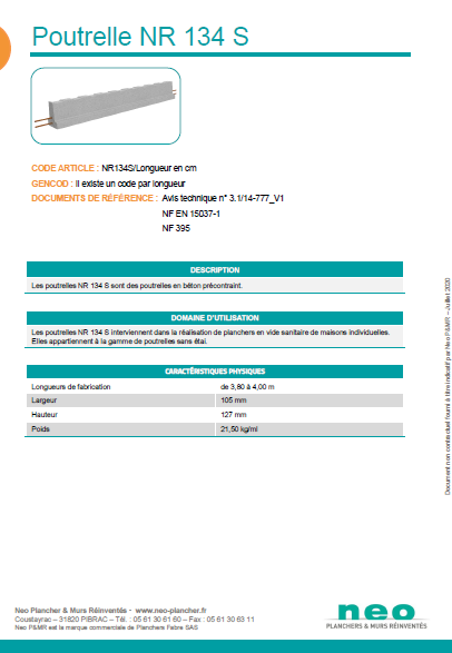 Visuel poutrelle NR 134S