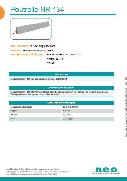 Visuel poutrelle NR 134