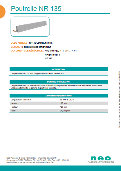 Visuel poutrelle NR 135