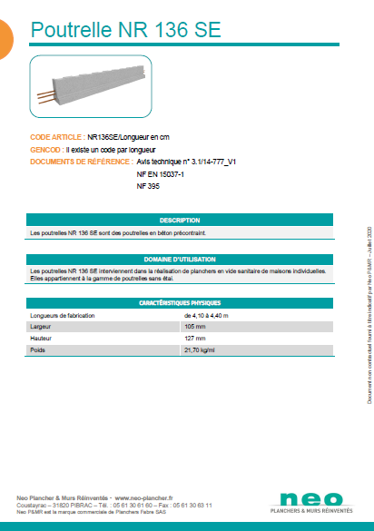 Visuel poutrelle NR 136 SE