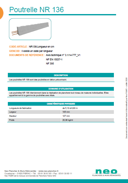 Visuel poutrelle NR 136