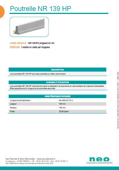 Visuel poutrelle NR 139 HP