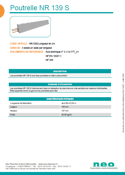 Visuel poutrelle NR 139 S