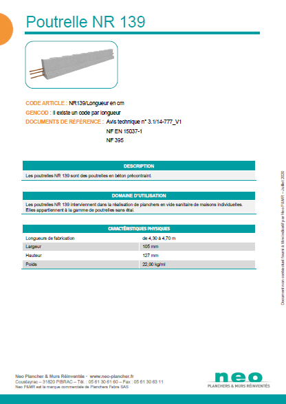 Visuel poutrelle NR 139