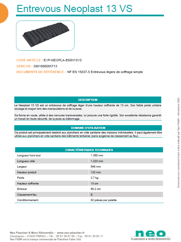 Entrevous léger Neoplast