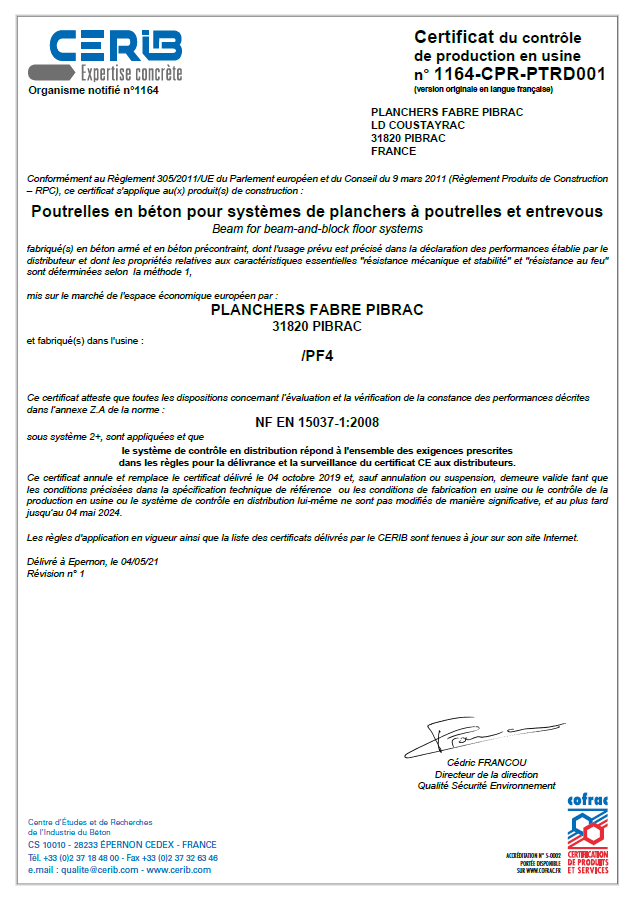 Certification Pibrac poutrelles Neo