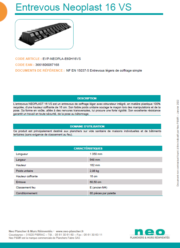 Fiche Technique entrevous Neoplast 16 VS