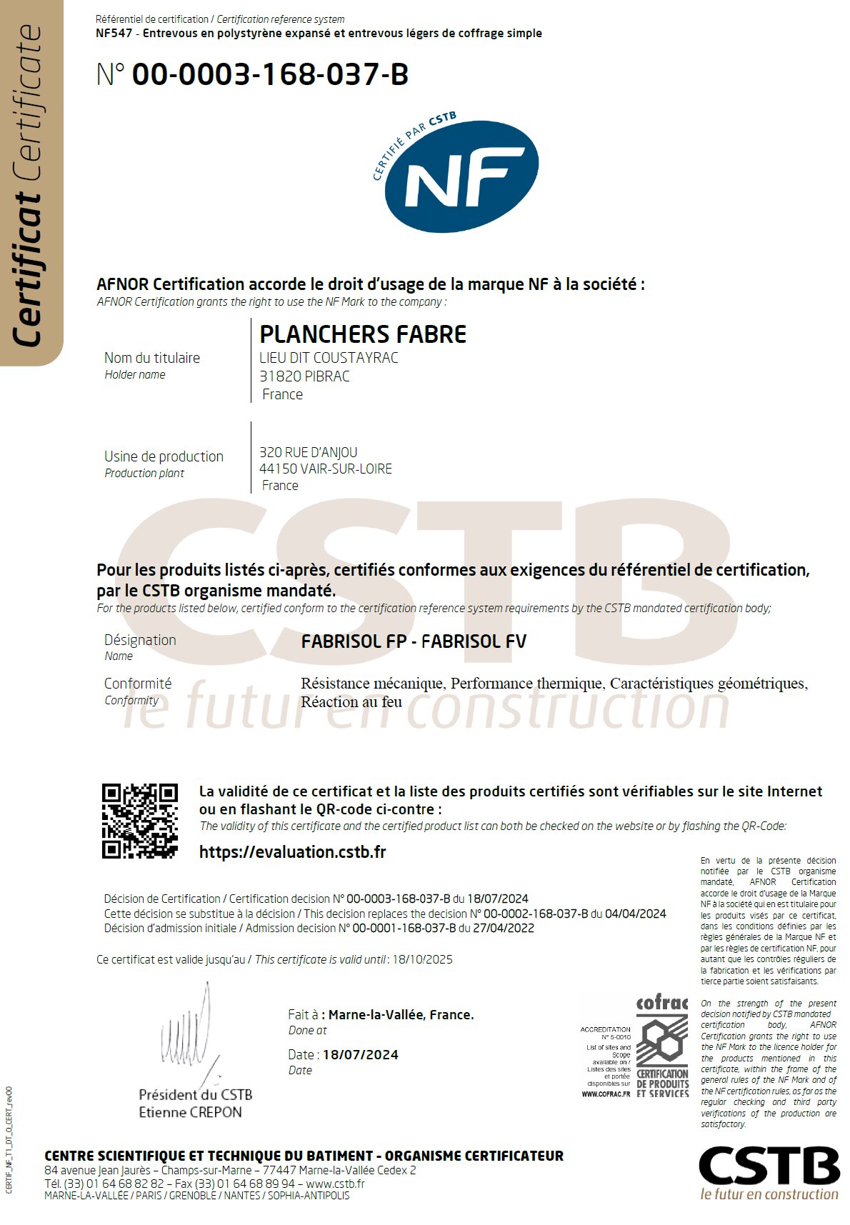 Certification Neo Fabrisol 168