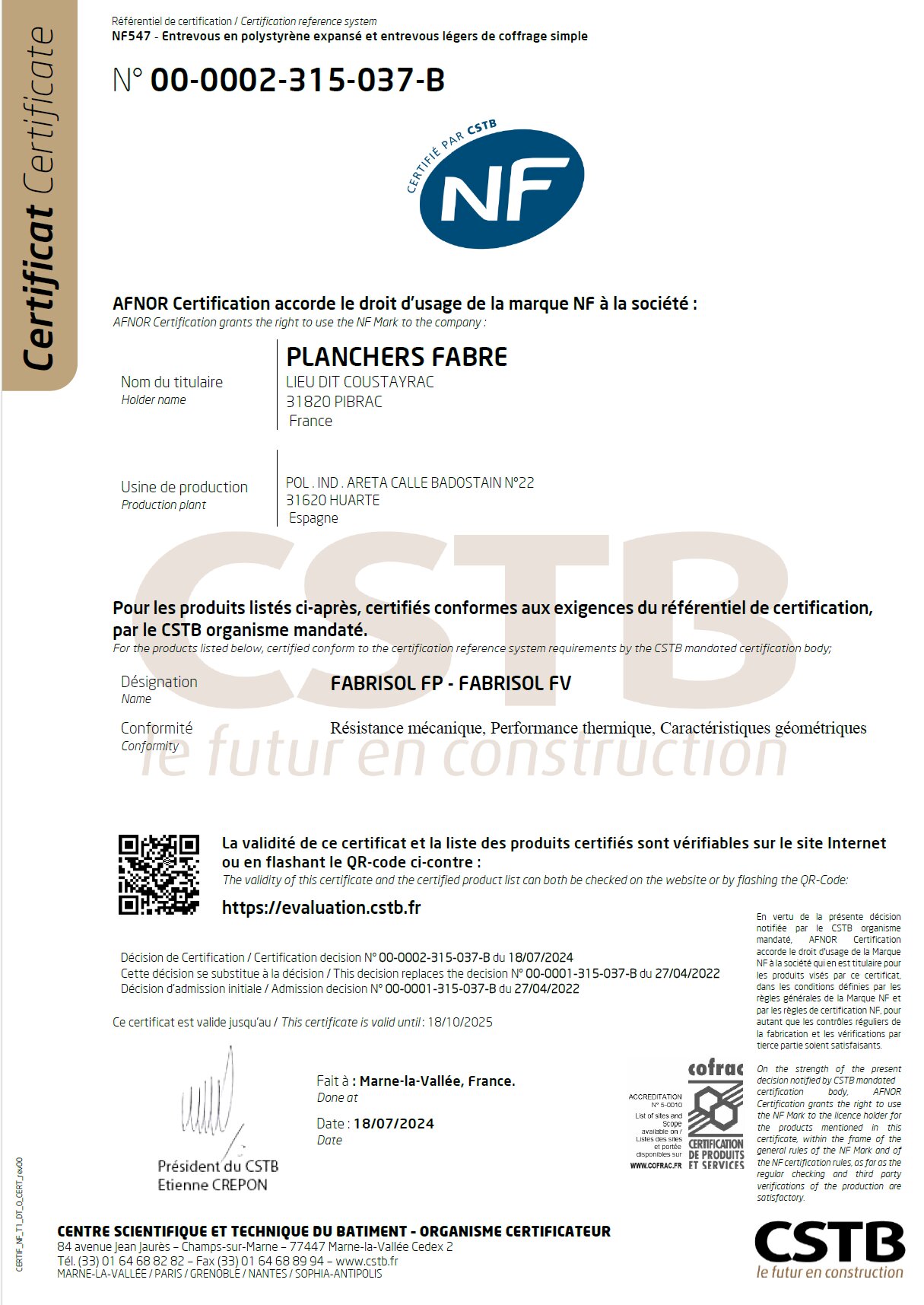 Certification NF Fabrisol 365