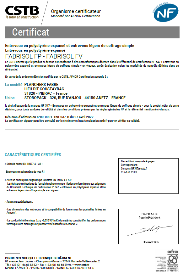 Certification NF Fabrisol