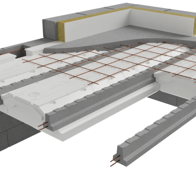 Plancher haut de sous-sol Fabrisol M1 décor et rupteurs de ponts thermiques de la boîte Neoset Feu