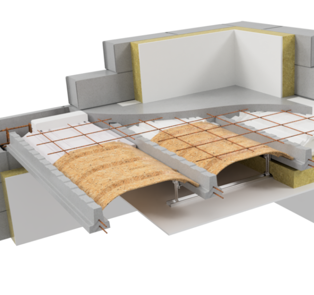 Plancher Neobois accompagné d'entrevous Neostyrène Périf et isolé grâce aux rupteurs de ponts thermiques de la Neoset Essentiel