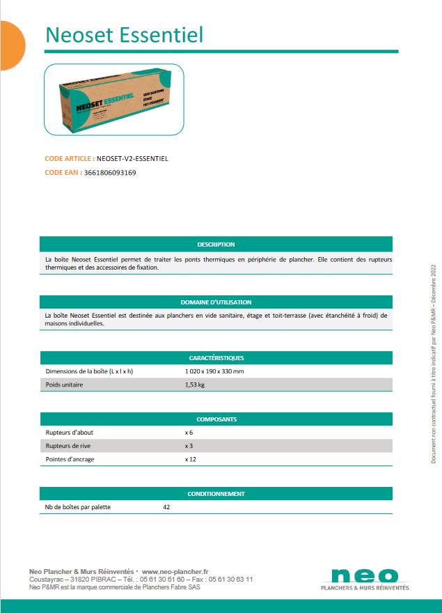 Fiche Technique Neoset Essentiel : retrouvez touts les informations techniques du produit !