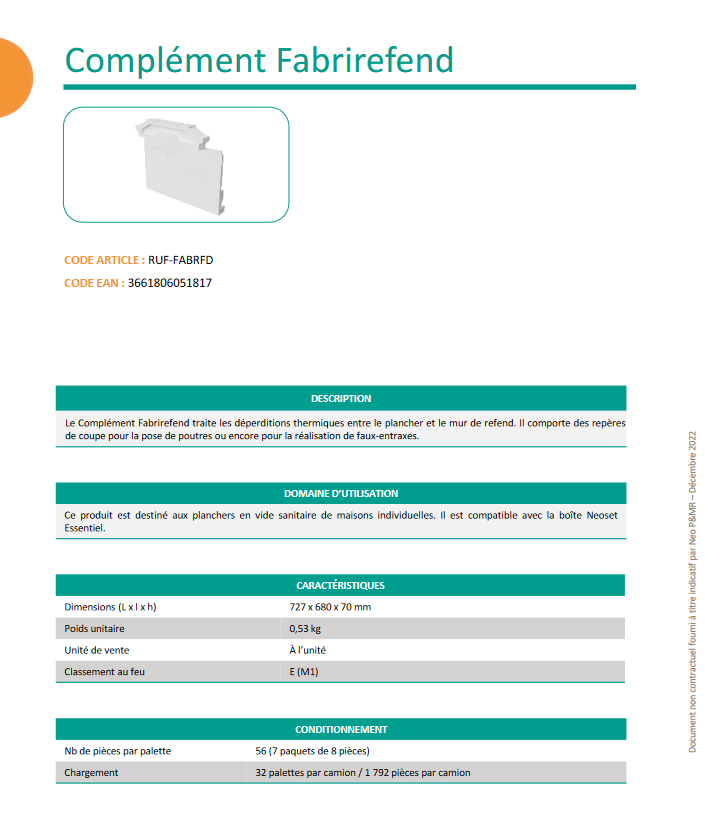 Fiche Technique du Fabrirefend : retrouvez touts les informations techniques du produit !