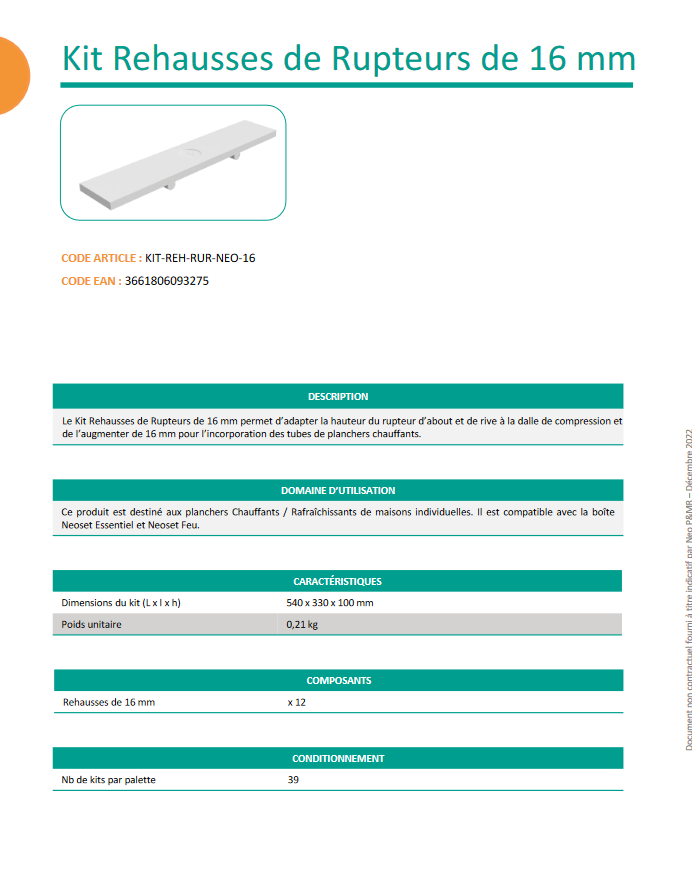 Fiche Technique Kit de Rehausses de rupteurs 16 mm : retrouvez touts les informations techniques du produit !