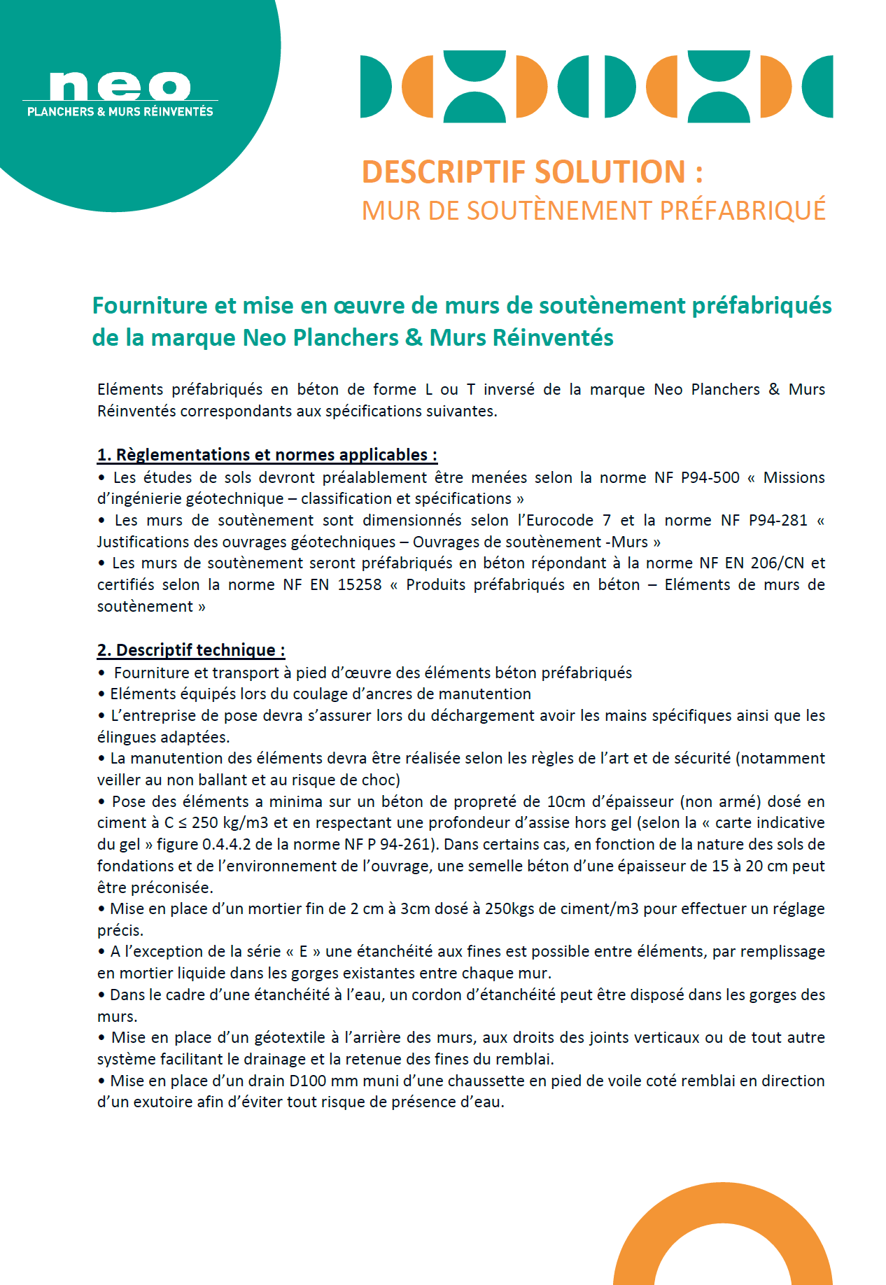 descriptif technique murs de soutènement Neo