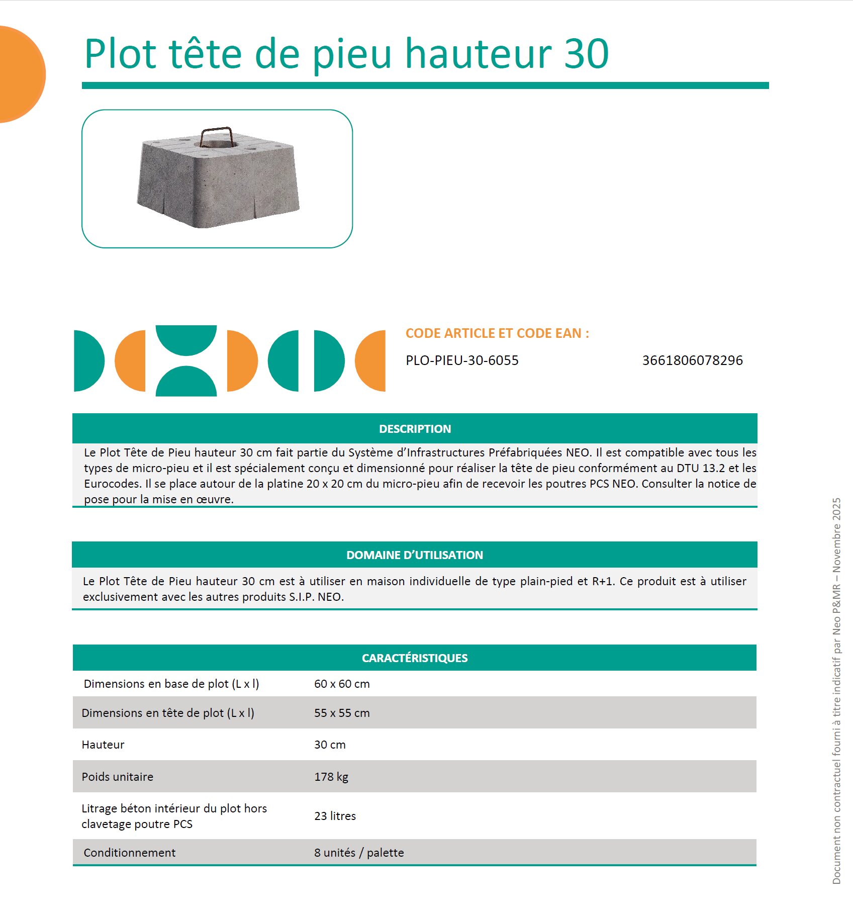 Fiche technique plot tête de pieu soubassement Neo